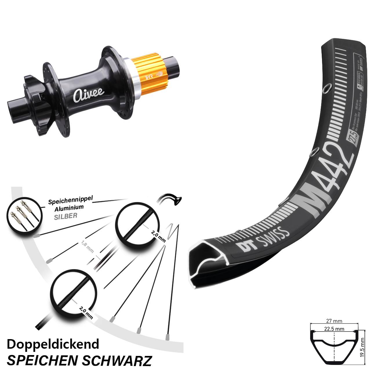28 Zoll DT Swiss M 442 Aivee Classic Boost Hinterrad 6-Loch 12x148 Micro Spline