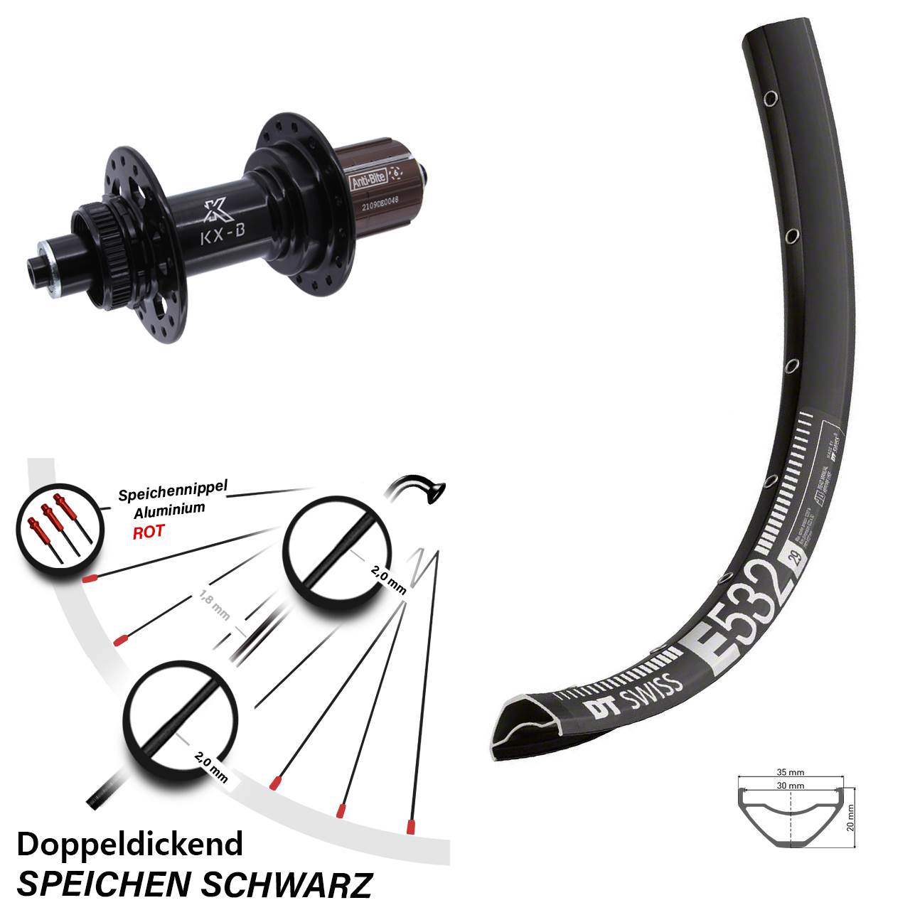 27,5 Zoll DT Swiss E532 KX-B Boost Hinterrad Centerlock QR Boost 8-12 fach