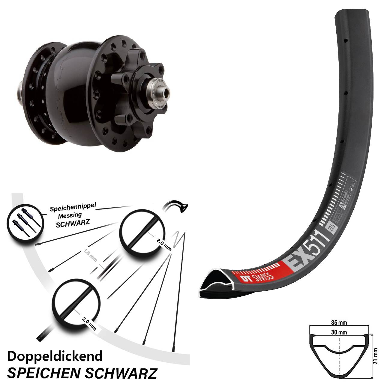 27,5 Zoll DT Swiss EX511 SON 28 Disc Vorderrad mit Nabendynamo für Schnellspanner