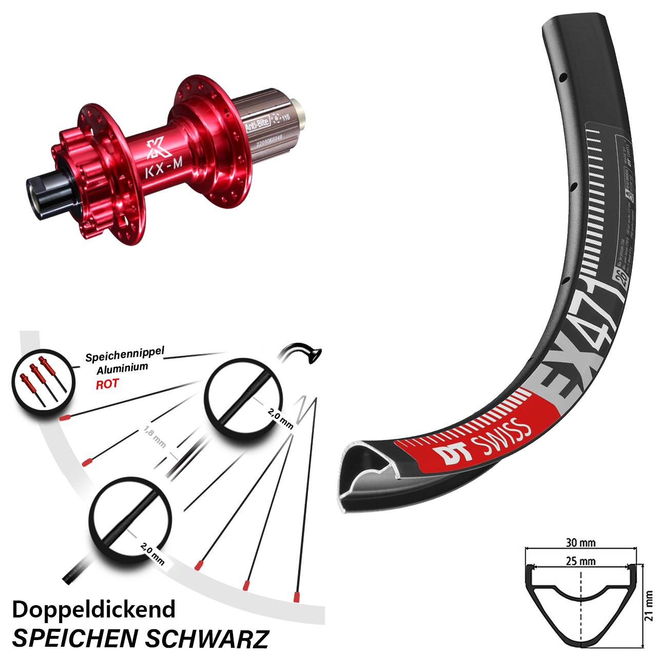 DT Swiss EX 471 Hinterrad 29 Zoll mit KX-M HR 6-loch Nabe rot eloxiert 12x142 mm 8-12 fach