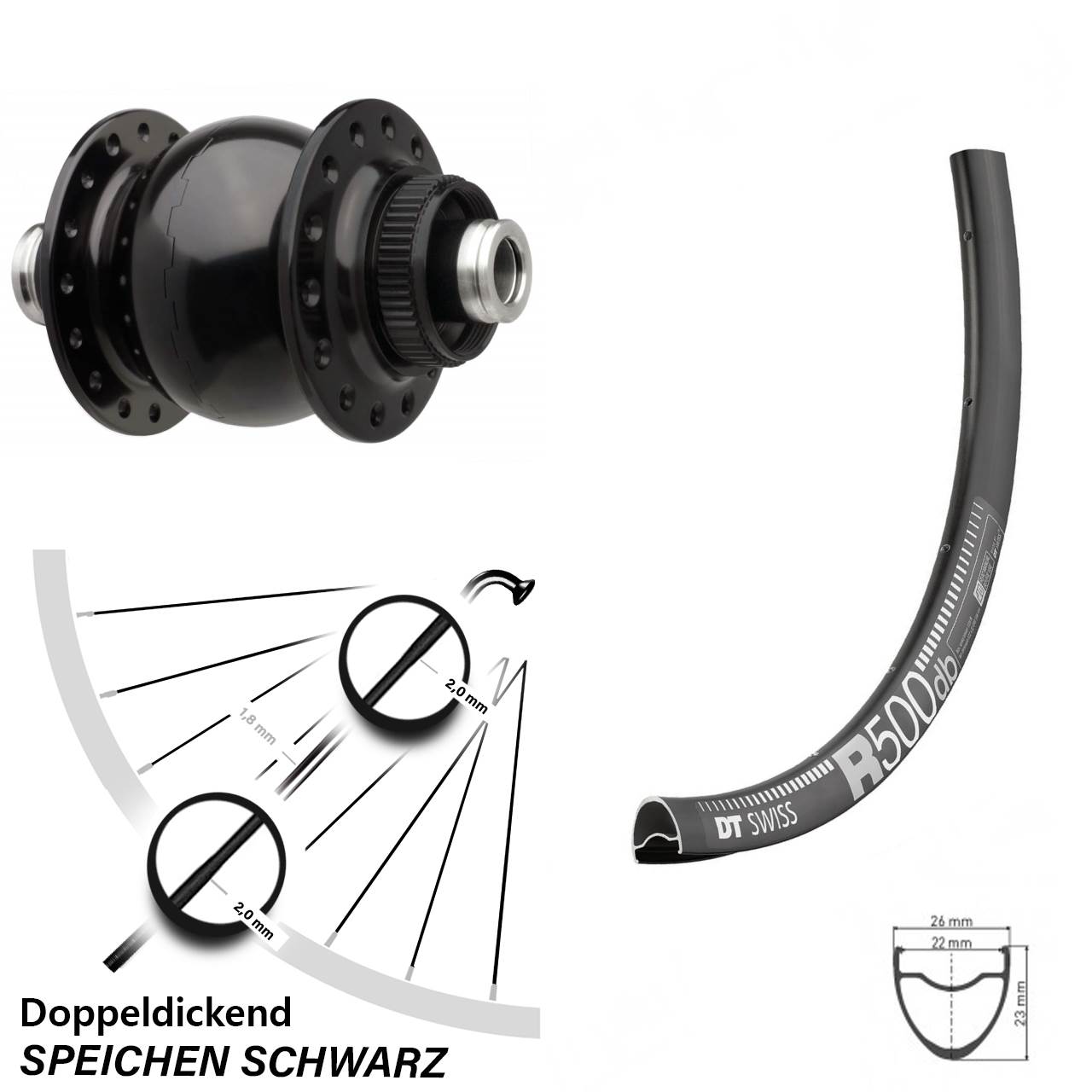 Road Disc Vorderes Rad mit Nabendynamo DT Swiss R 500 SON 28-12 Centerlock Boost 12x110 mm