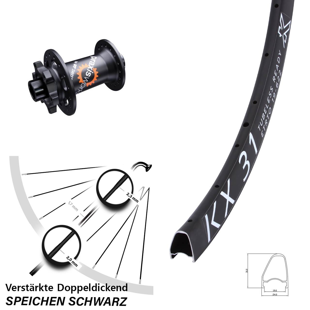 Vorderrad 6-Loch 12x100 28 Zoll KX 31 Offset DT Swiss 350 SL