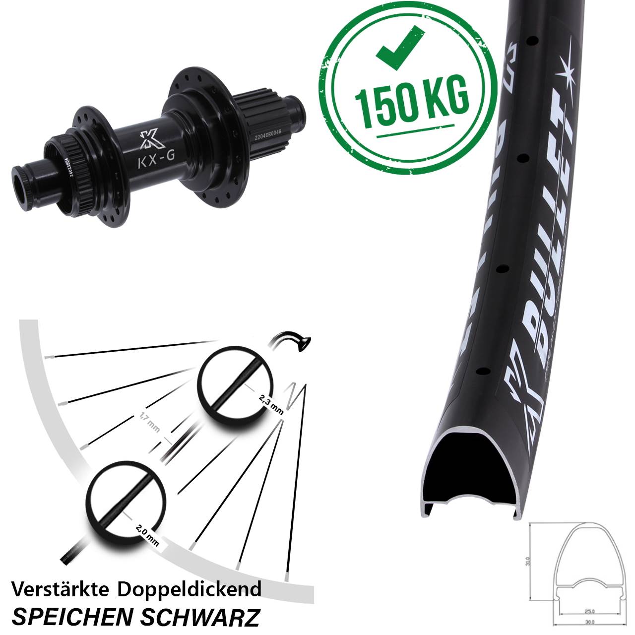 28 Zoll KX-GS Bullet verstärkt Hinterrad Centerlock 12x142 Micro Spline