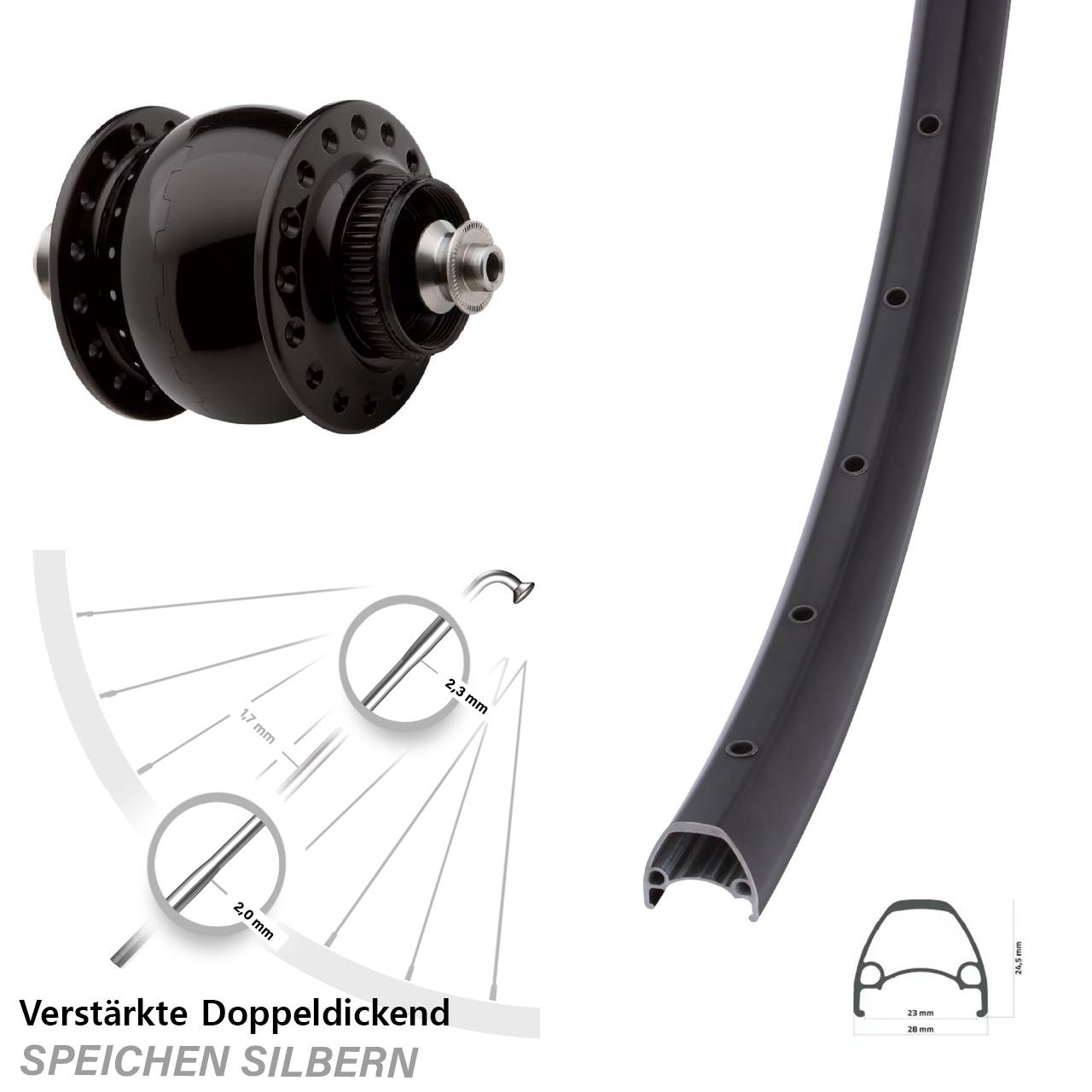 Nabendynamovorderrad Centerlock für Schnellspanner 28-29 Zoll Ambrosio Sport SON 28