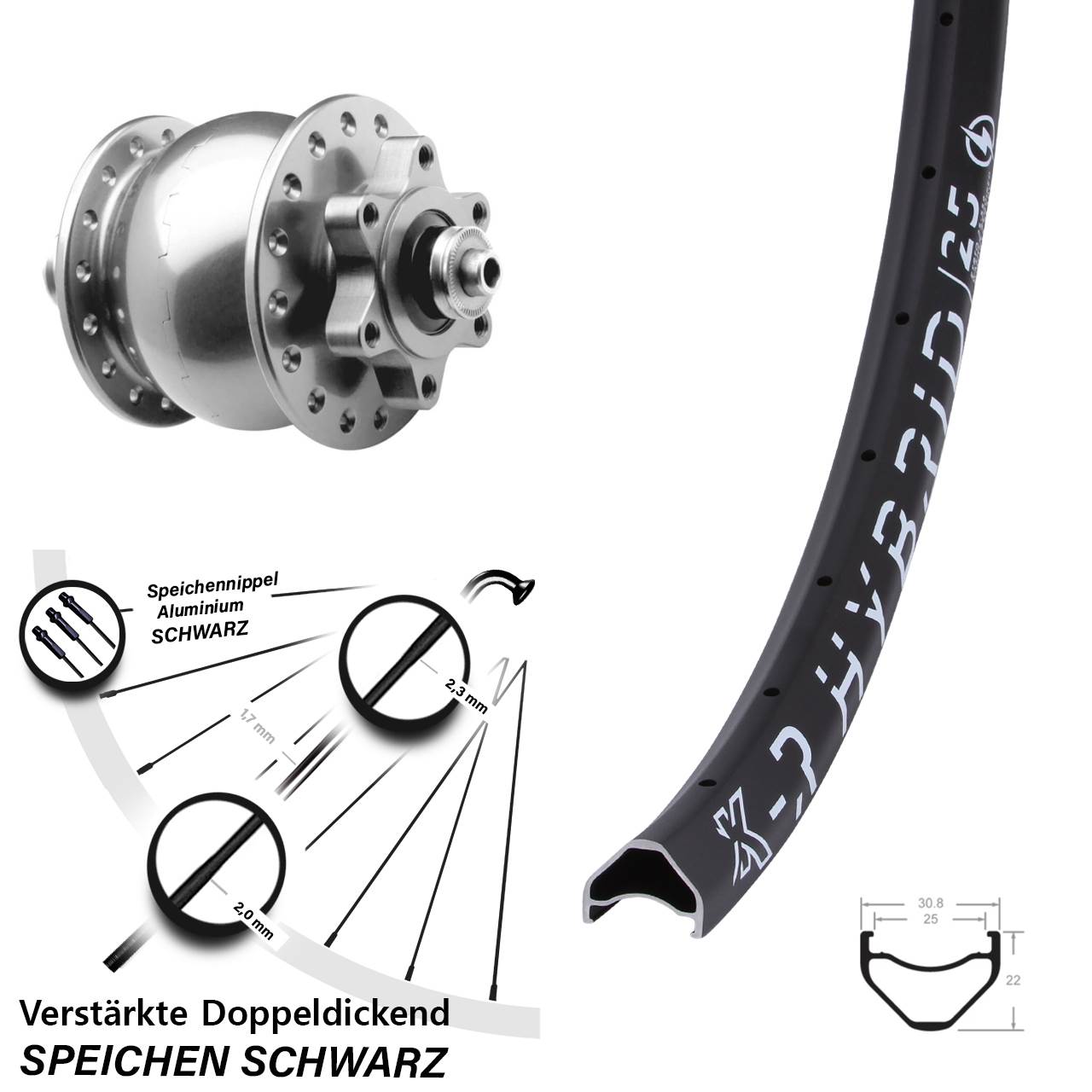 27,5 Zoll KX-R Hybrid 25 SON 28 silbern Dynamo-Vorderrad 6-Loch QR
