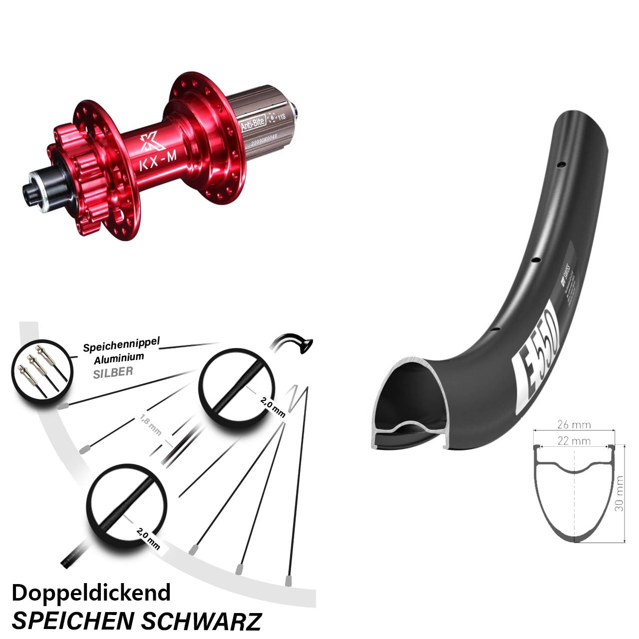 6-Loch Hinterrad für Schnellspanner 28 Zoll DT Swiss E550 KX-M rot 8-12 fach