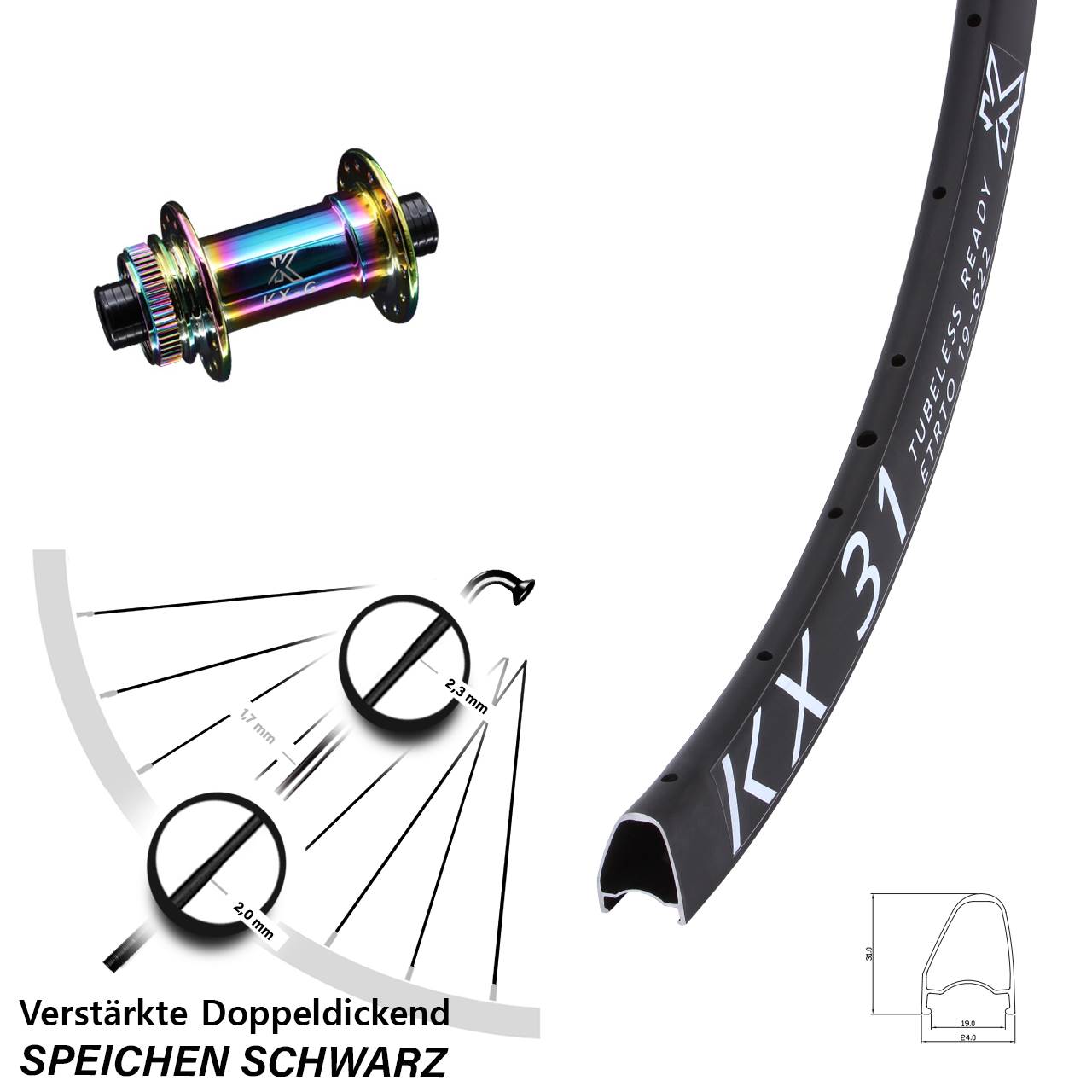 Centerlock Vorderrad 28 Zoll KX-G 31 Offset Oilslick 12x100