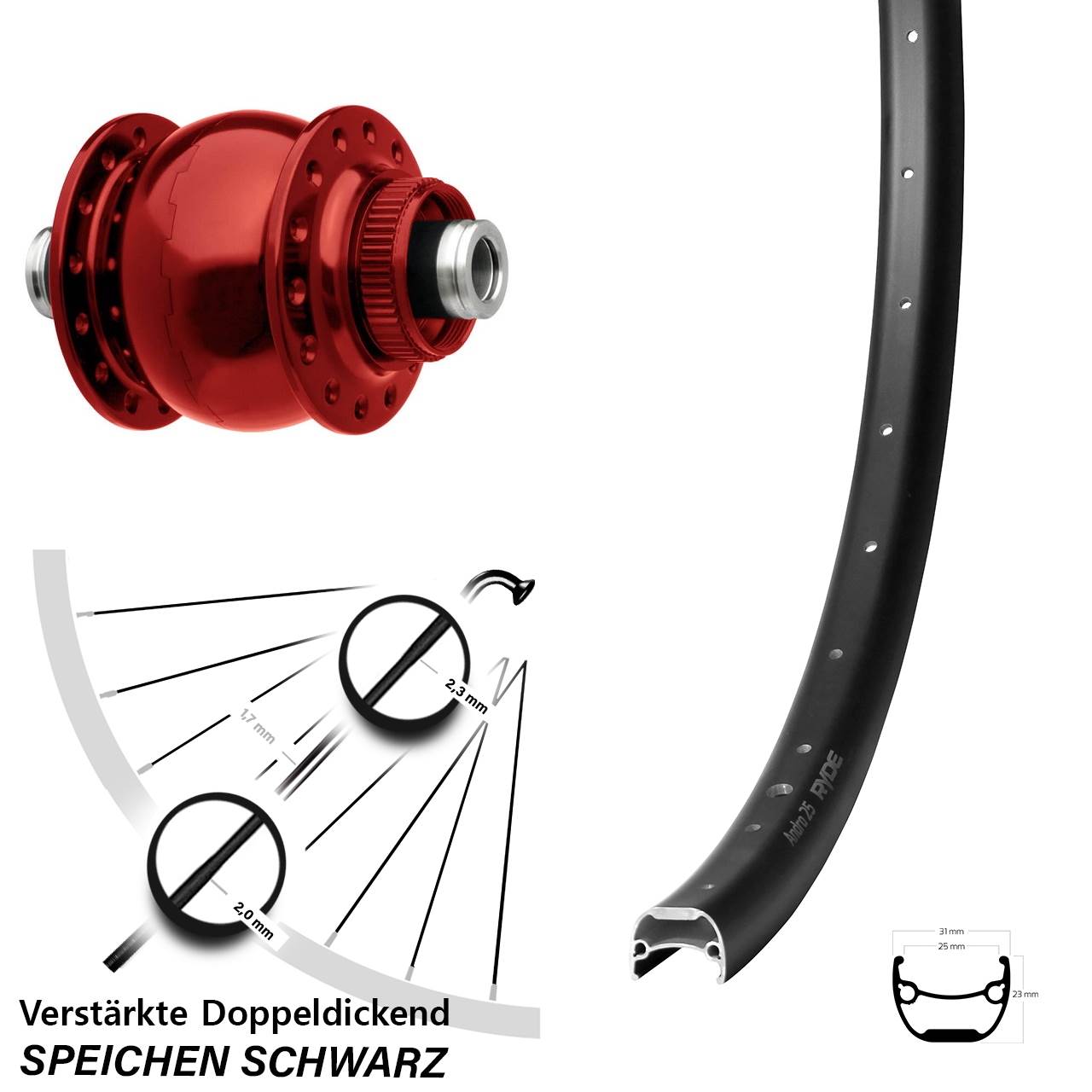 SON 28 rot Ryde Andra 25 29 Zoll Disc Laufrad mit Nabendynamo 12x100