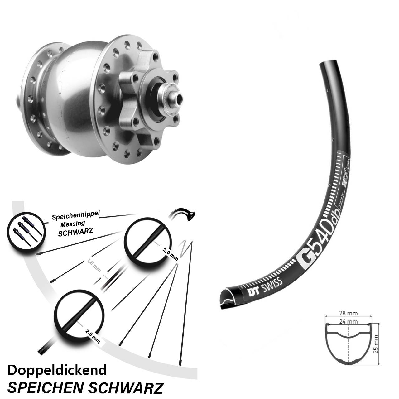 Disc Laufrad mit Nabendynamo 27,5 Zoll DT Swiss G540 SON 28 für Schnellspanner
