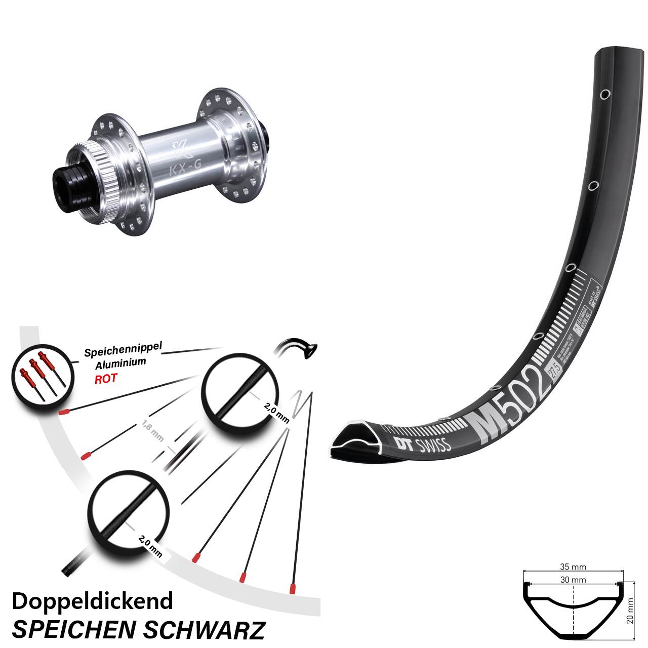 27,5 Zoll DT Swiss M 502 KX-G Vorderrad Centerlock 15x100