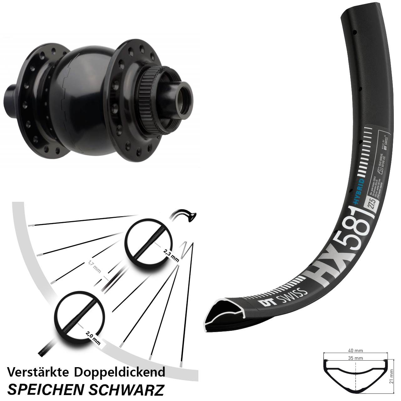 SON 28 DT Swiss HX 581 27,5 Zoll Nabendynamovorderrad Centerlock 15x110 Boost