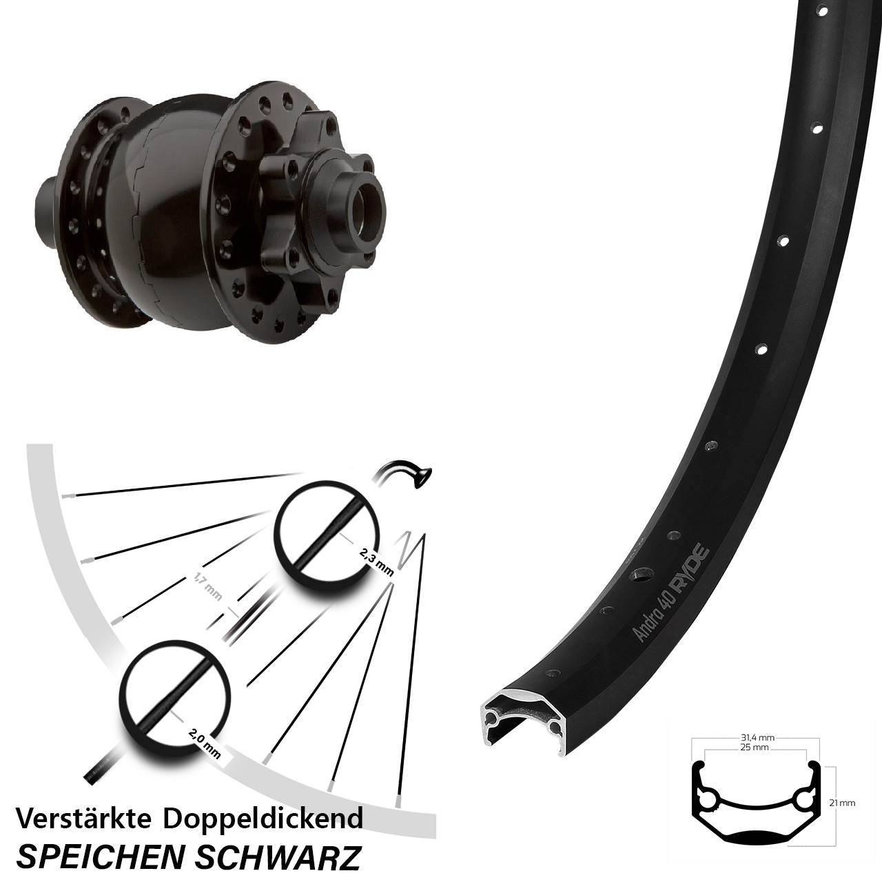 6-Loch Vorderrad mit Nabendynamo 15x100 29 Zoll Ryde Andra 40 Disc SON 28