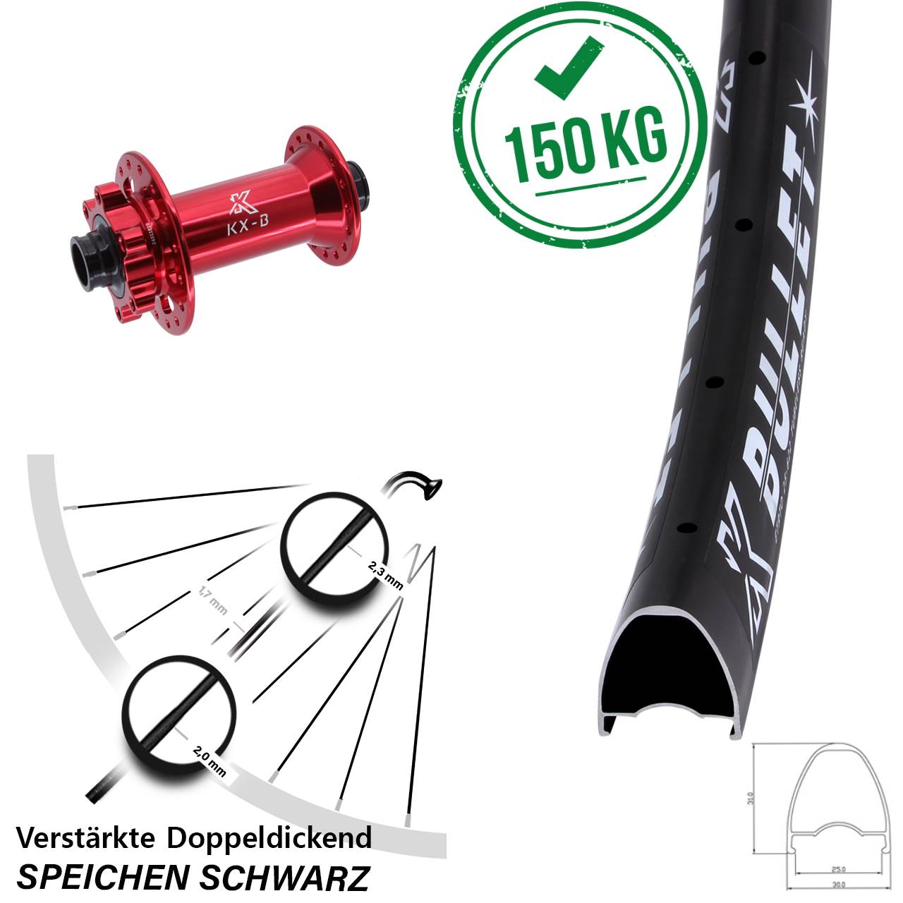 Boost Vorderrad 6-Loch 15x110 28 Zoll KX-Bullet rot