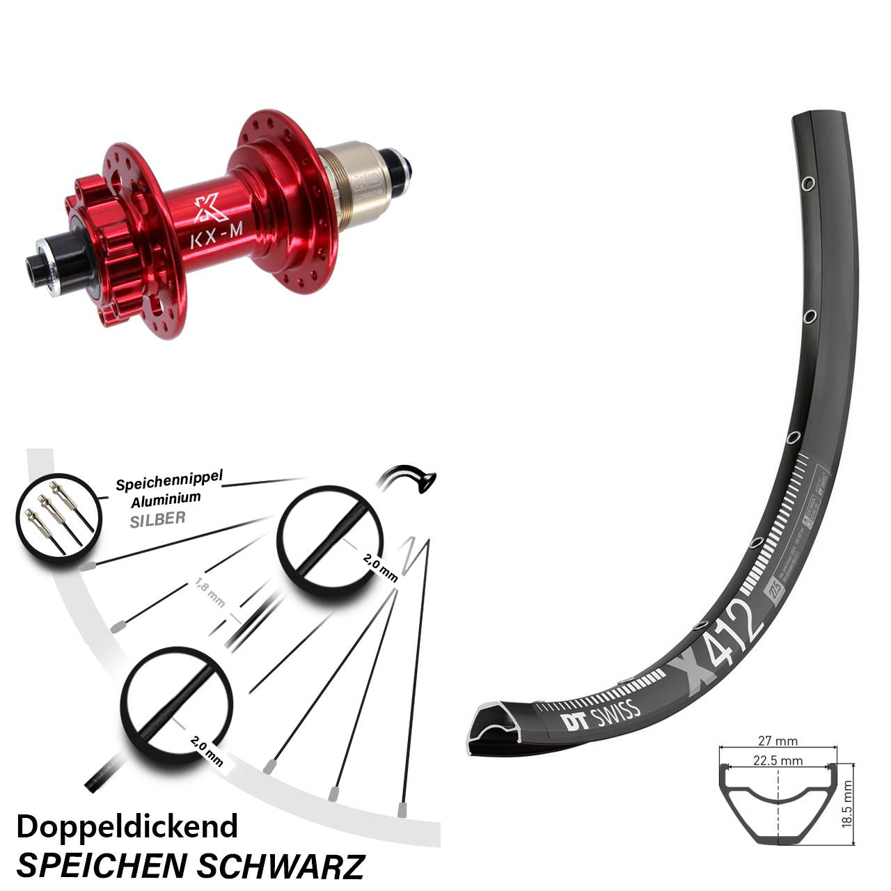 Hinterrad 6-Loch 28 Zoll DT Swiss X412 KX-M rot XD 11-12 fach QR