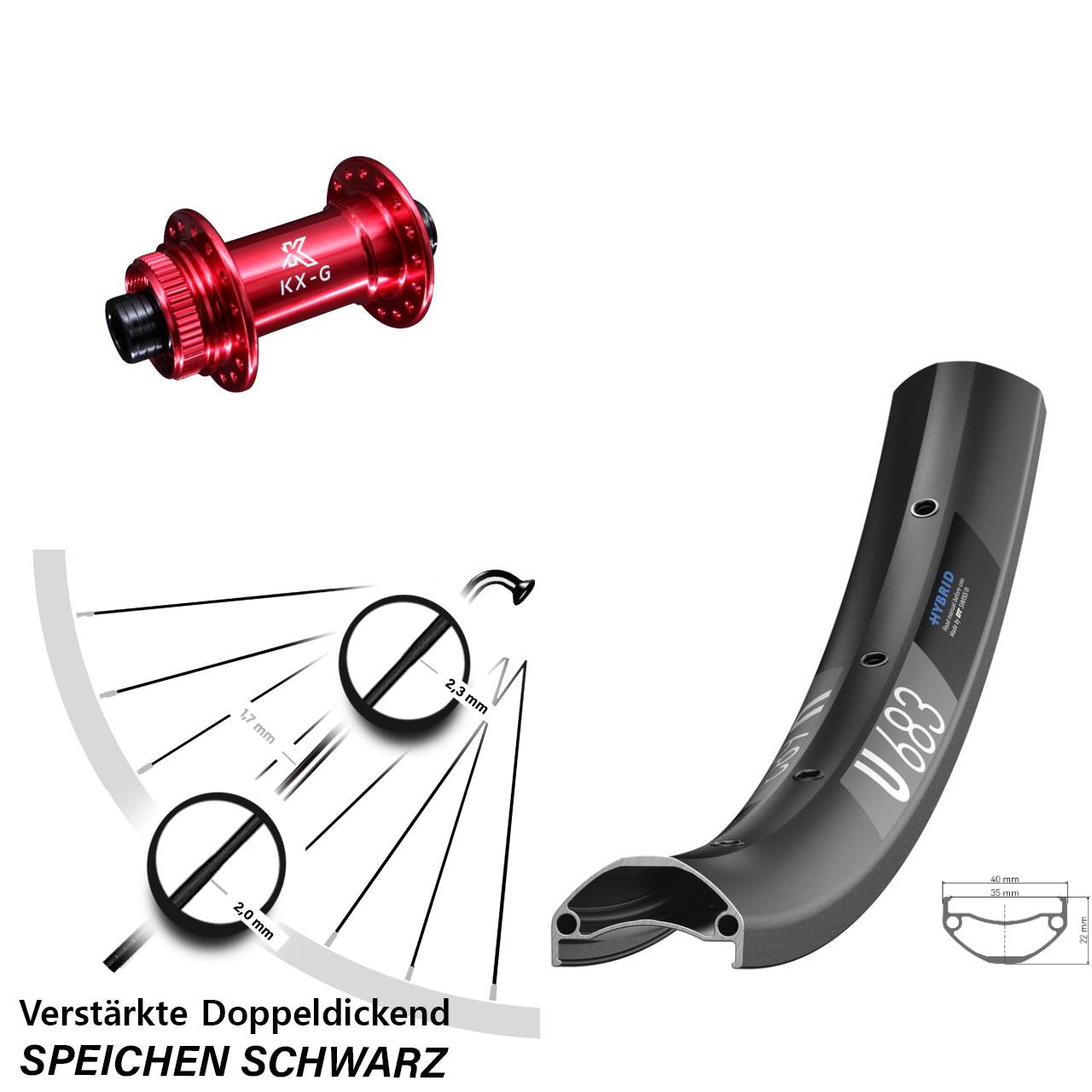 Centerlock Vorderrad 27,5 Zoll DT Swiss U683 KX-G rot 15x100