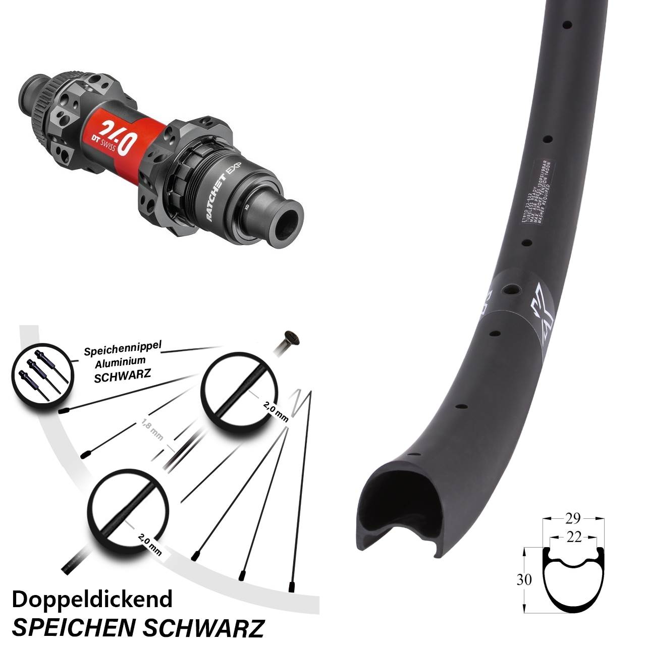 Boost Disc Hinterrad 12x148 29 Zoll KX-RC Gravel Carbon DT Swiss 240 EXP Straightpull XD
