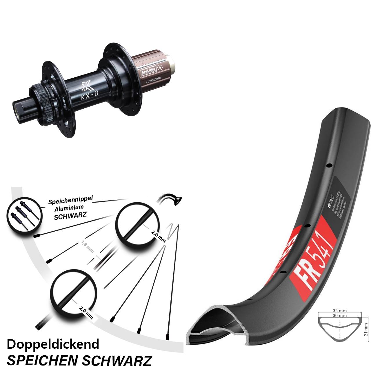 schwarzes 29 Zoll Hinterrad DT Swiss FR 541 KX-B Boost 12x148 mm Centerlock 8-12 fach