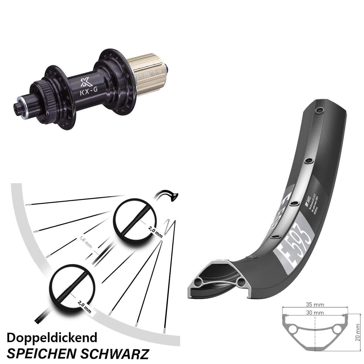 DT Swiss E593 KX-G 27,5 Zoll Disc Laufrad QR 8-12 fach