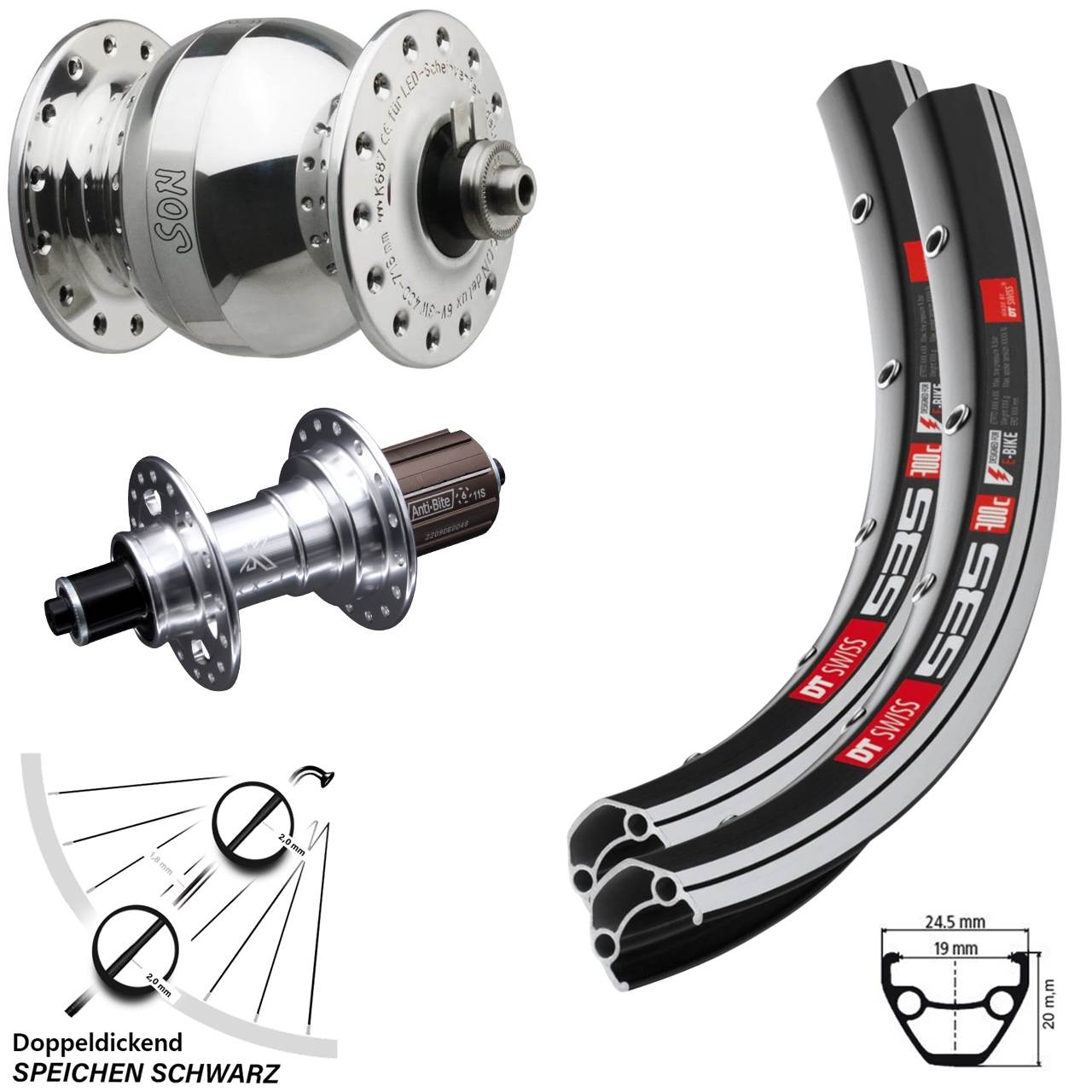 Laufrad-Satz QR 28 Zoll DT Swiss 535 KX-T SON delux wide body 8-12 fach HG