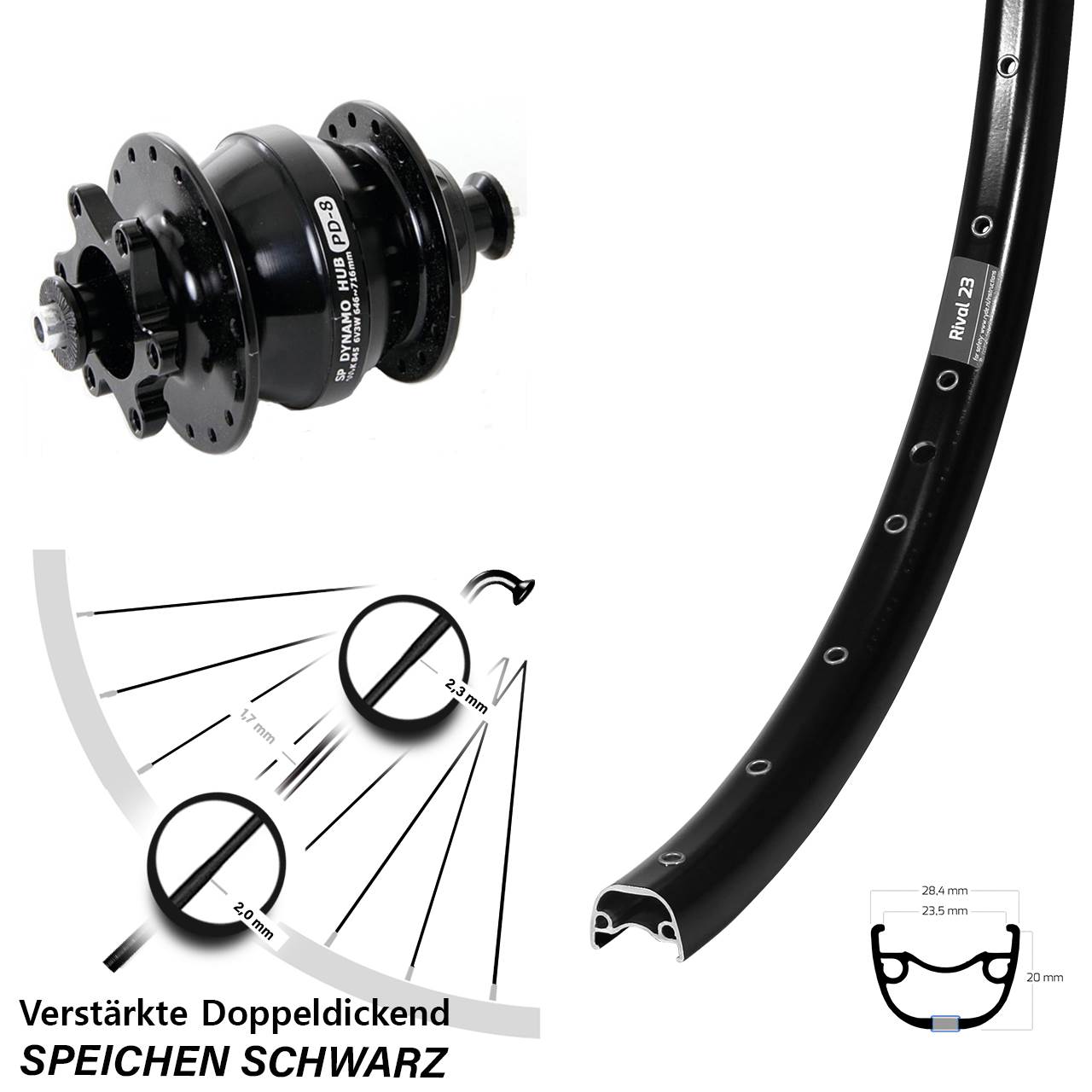650B Ryde Rival 23 Shutter Precision PD-8 Disc Nabendynamolaufrad für Schnellspanner