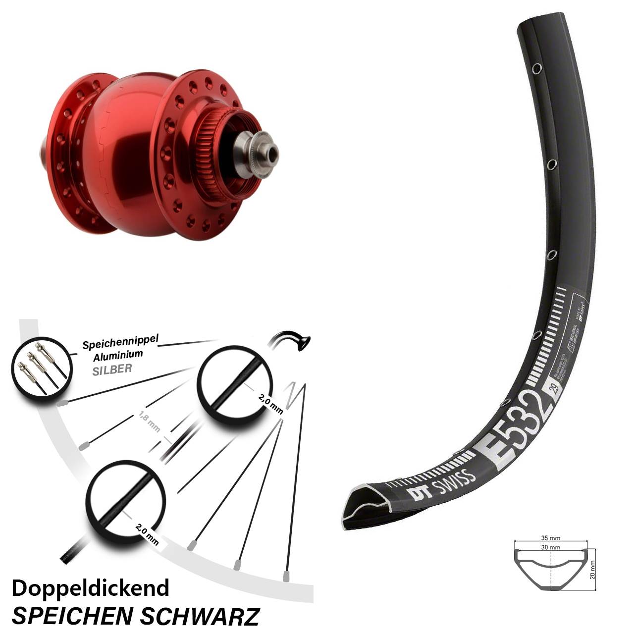 27,5 Zoll DT Swiss E 532 SON 28 rot Dynamo-Vorderrad Centerlock QR