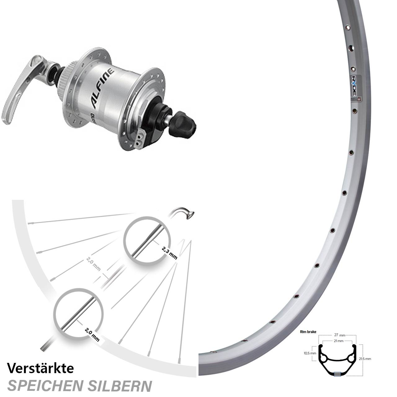 28 Zoll Vorderrad Ryde ZAC 421 Alfine DH-S701 Disc Centerlock 6V-1,5W silbern