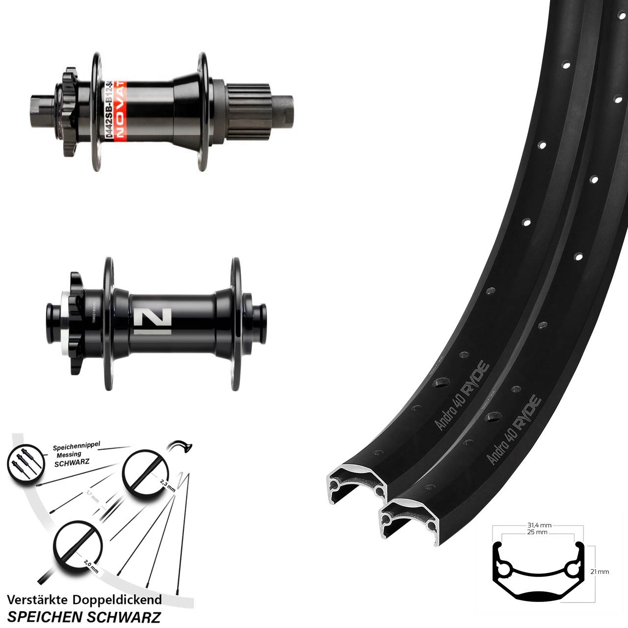 27,5 Zoll Ryde Andra 40 Novatec D041 Novatec D-442 Laufradsatz 6-Loch Boost Shimano Micro Spline