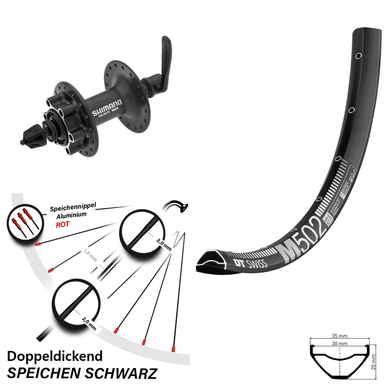 27,5 Zoll DT Swiss M 502 Shimano Alivio Disc Vorderrad QR