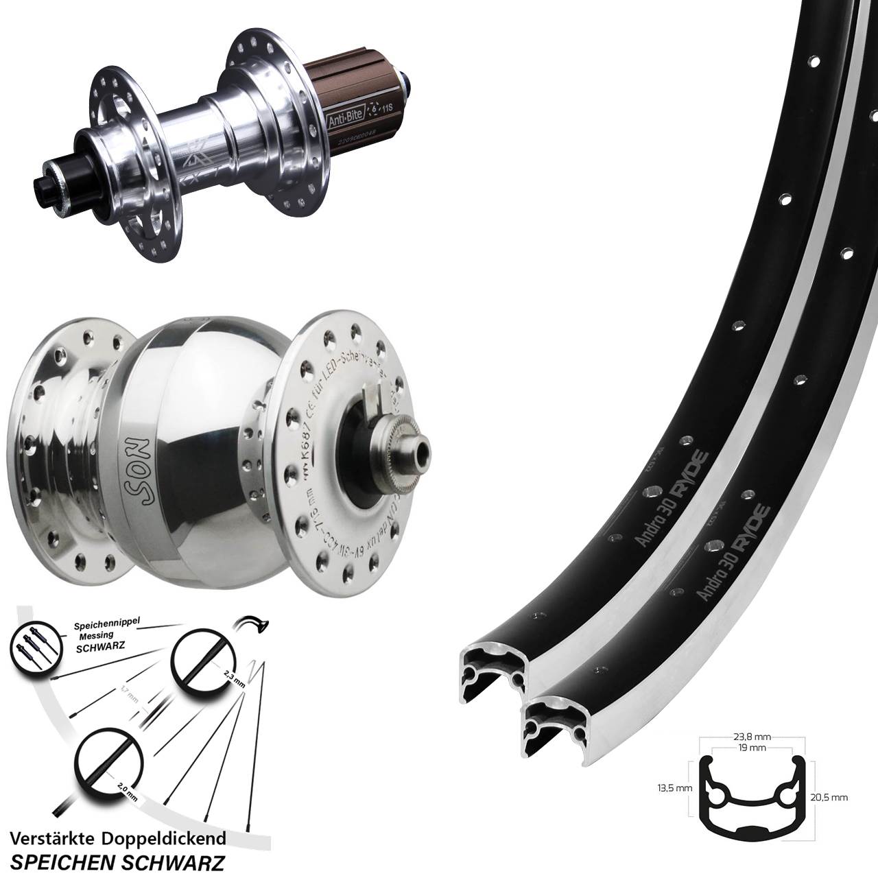 26 Zoll Ryde Andra 30 KX-T SONdelux wide body Laufrad-Satz für Schnellspanner 8-12 fach HG