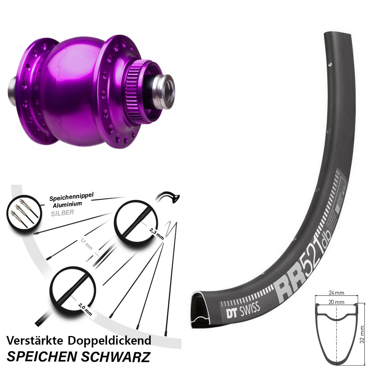Disc Laufrad mit Nabendynamo 12x100 DT Swiss RR521 SON 28 Zoll violett