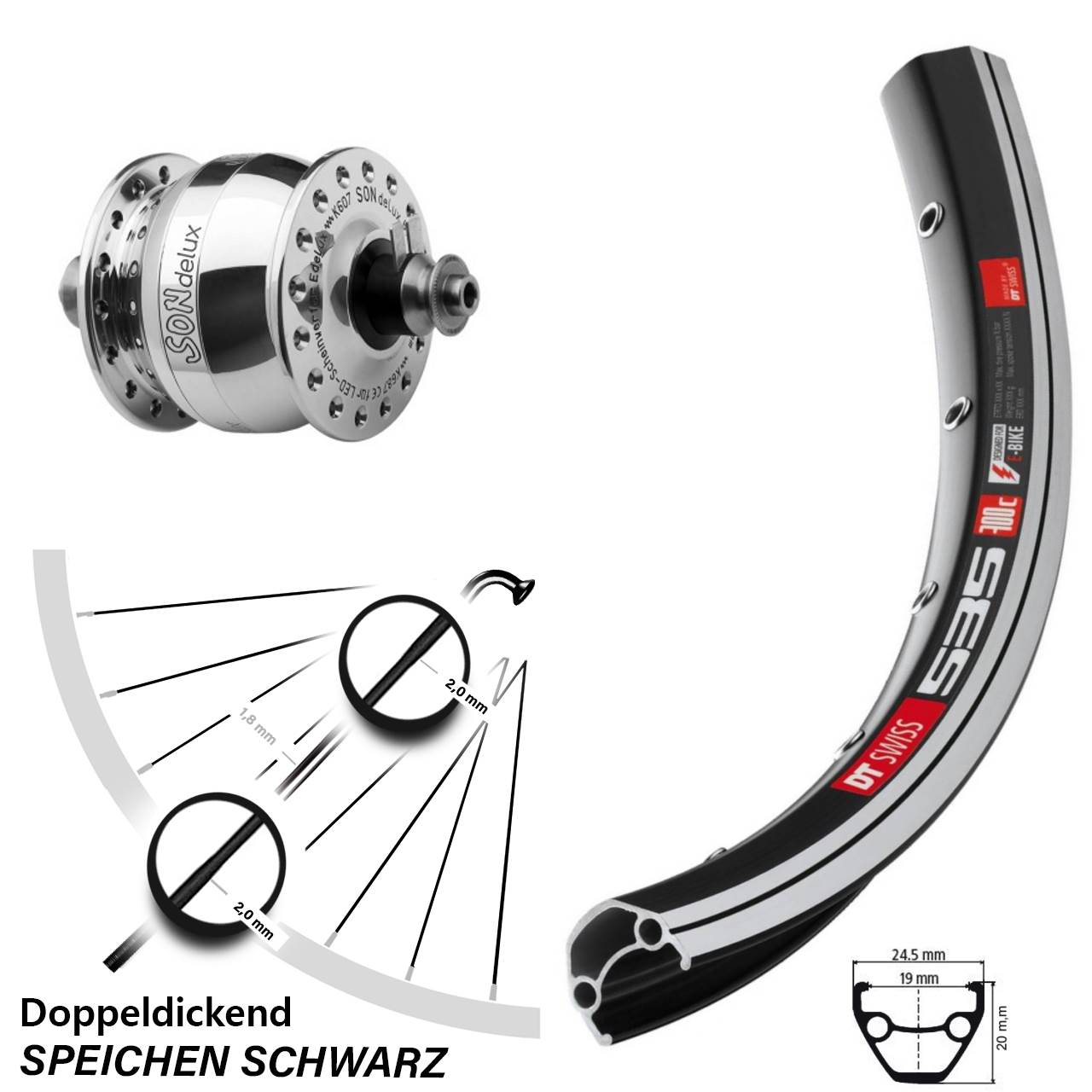 Nabendynamovorderrad für Schnellspanner 26 Zoll DT Swiss 535 SON delux