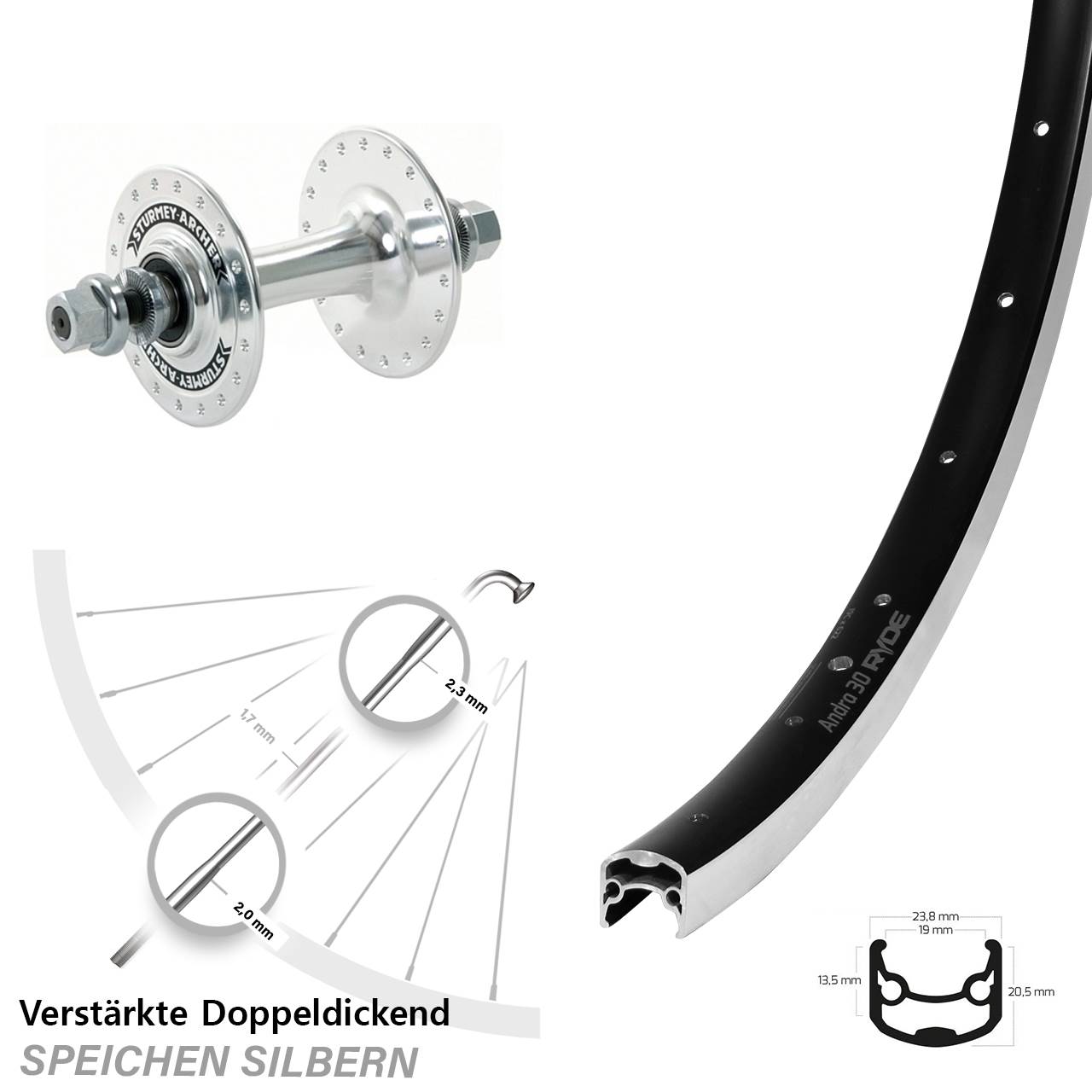 Vorderrad Vollachse 26 Zoll Ryde Andra 30 Sturmey Archer HBT30-F