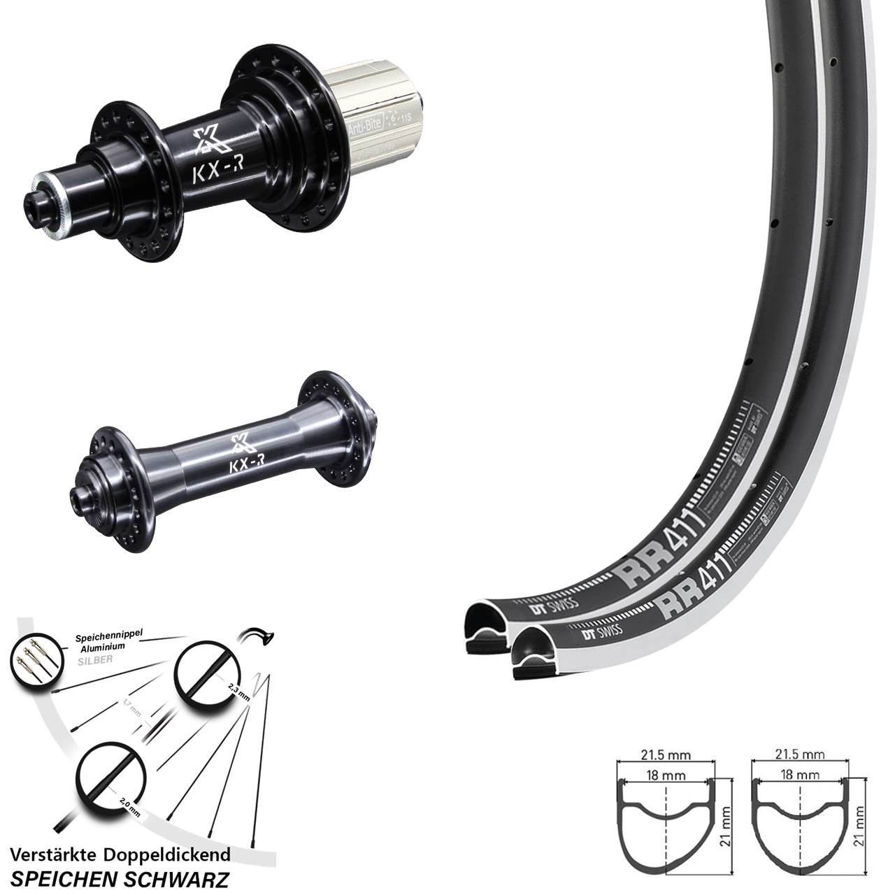 DT Swiss RR411 OS KX-R 28 Zoll Laufradsatz für Schnellspanner 8-12 fach HG