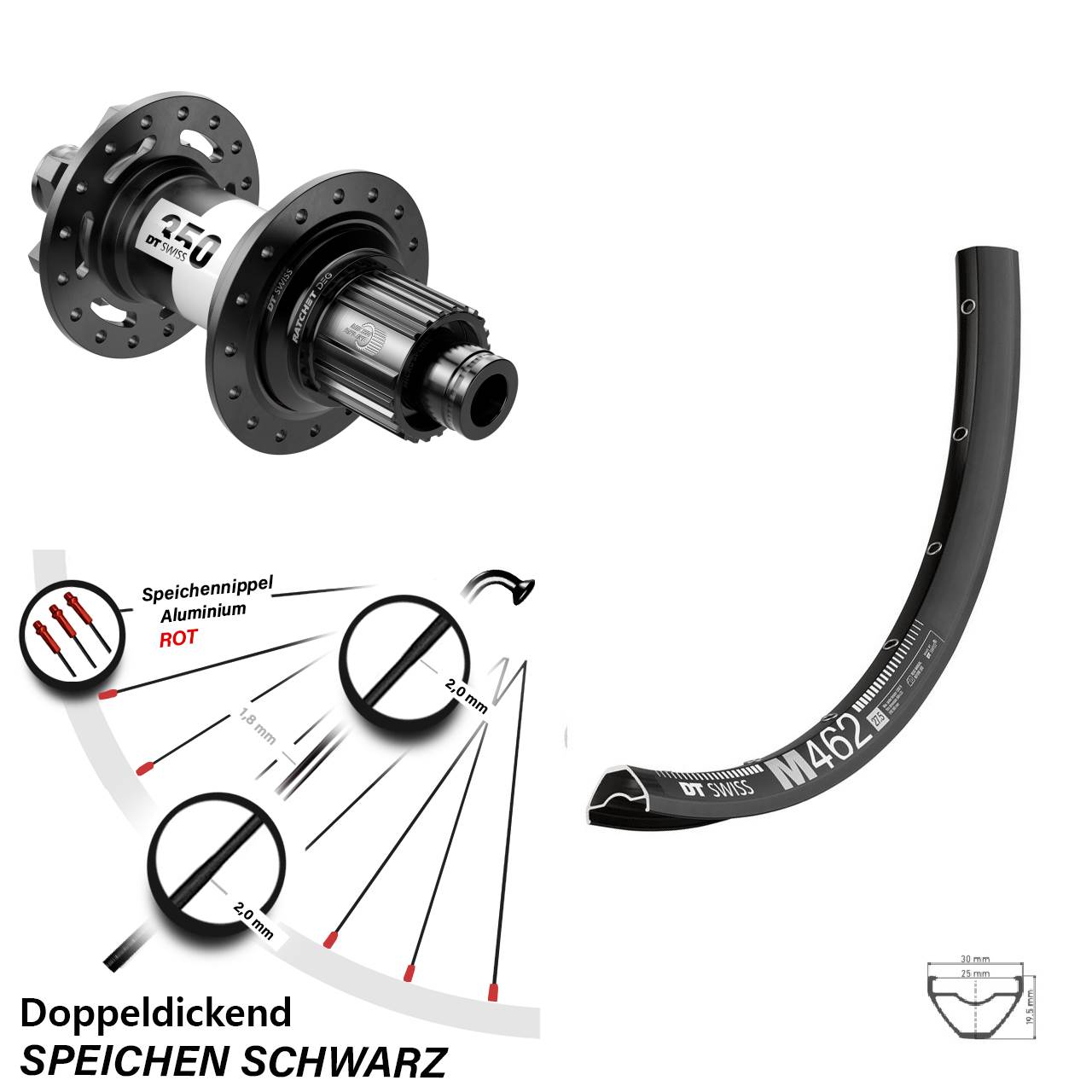 27,5 Zoll DT Swiss M 462 Hinterrad 350 DEG72 6-Loch Micro Spline 12x148