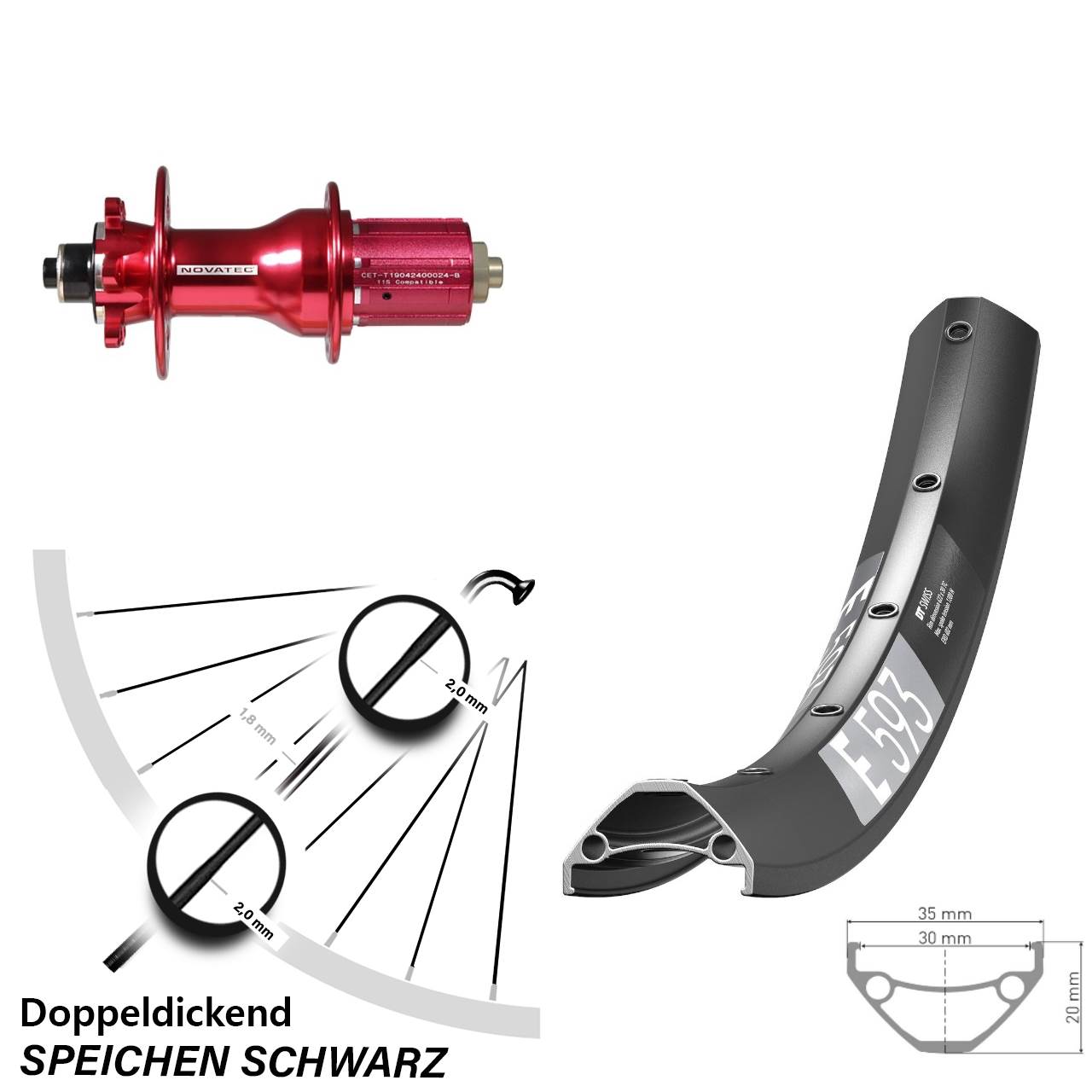 29 Zoll DT Swiss E 593 Novatec D792SB 6-Loch Hinterrad QR 8-12 fach HG
