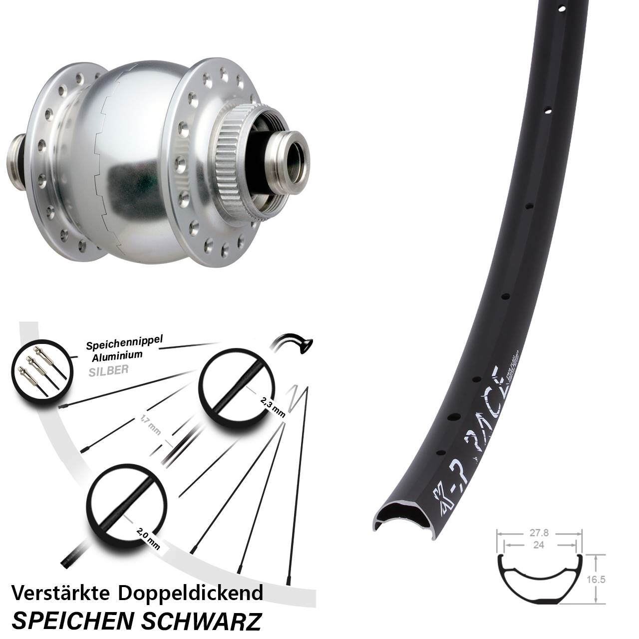 SON 28 silbern KX-R Race 29 Zoll Disc Vorderrad mit Nabendynamo 12x100