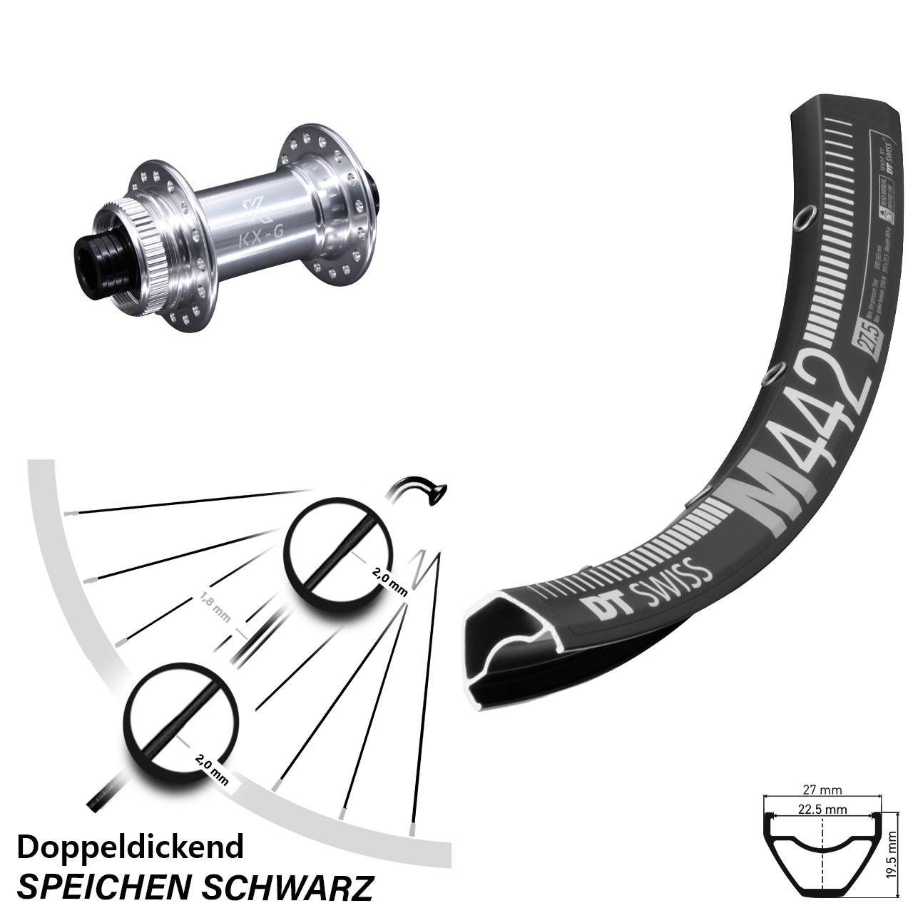 29 Zoll Vorderrad DT Swiss M 442 KX-G silbern Steckachse 15x100 mm MTB