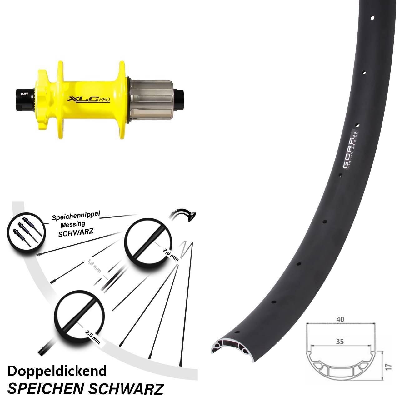 27,5 Zoll Gora 35 XLC Pro gelb Hinterrad 6-Loch 12x142 8-11 fach HG