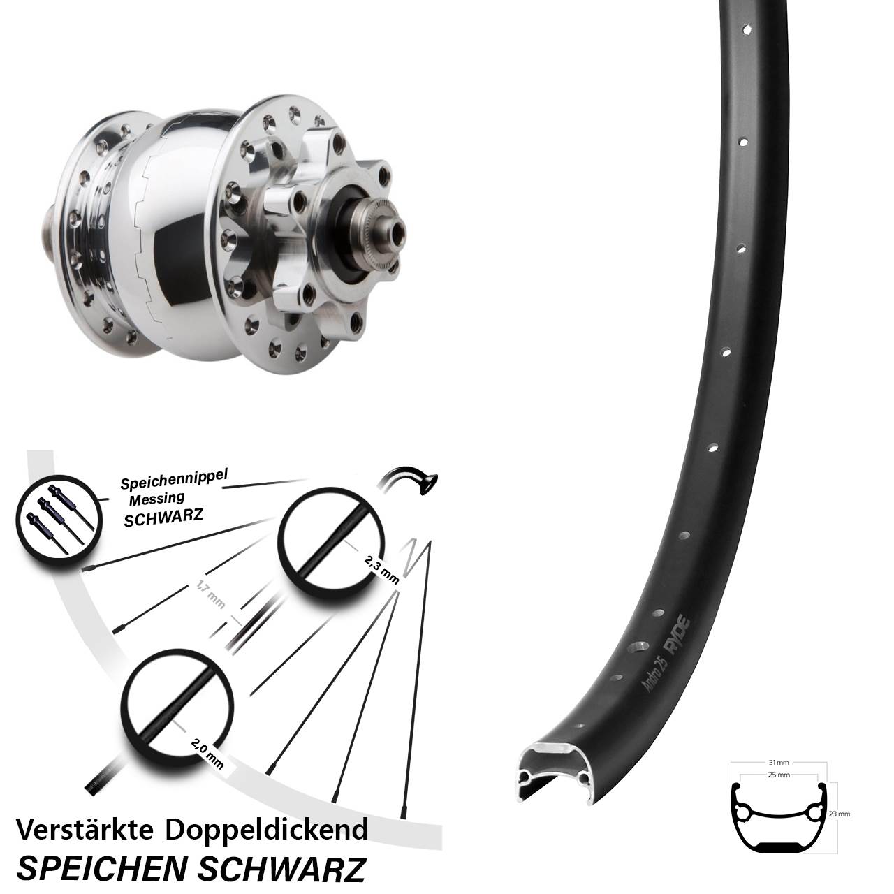 Disc Dynamo-Vorderrad für Schnellspanner 28 Zoll Ryde Andra 25 SON 28 poliert