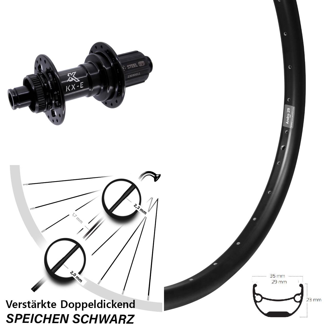 KX-E Stahl Freilauf Ryde Andra 29 Zoll Hinterrad 12x148 Boost 8-12 fach HG