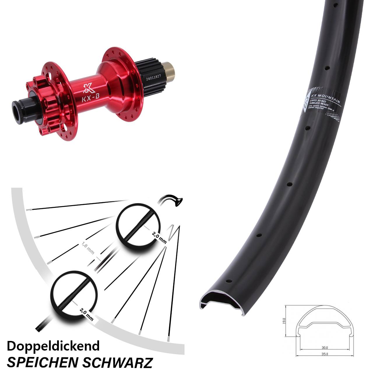 29 Zoll KX-B Mountain rot Hinterrad 6-Loch 12x148 Shimano Micro Spline