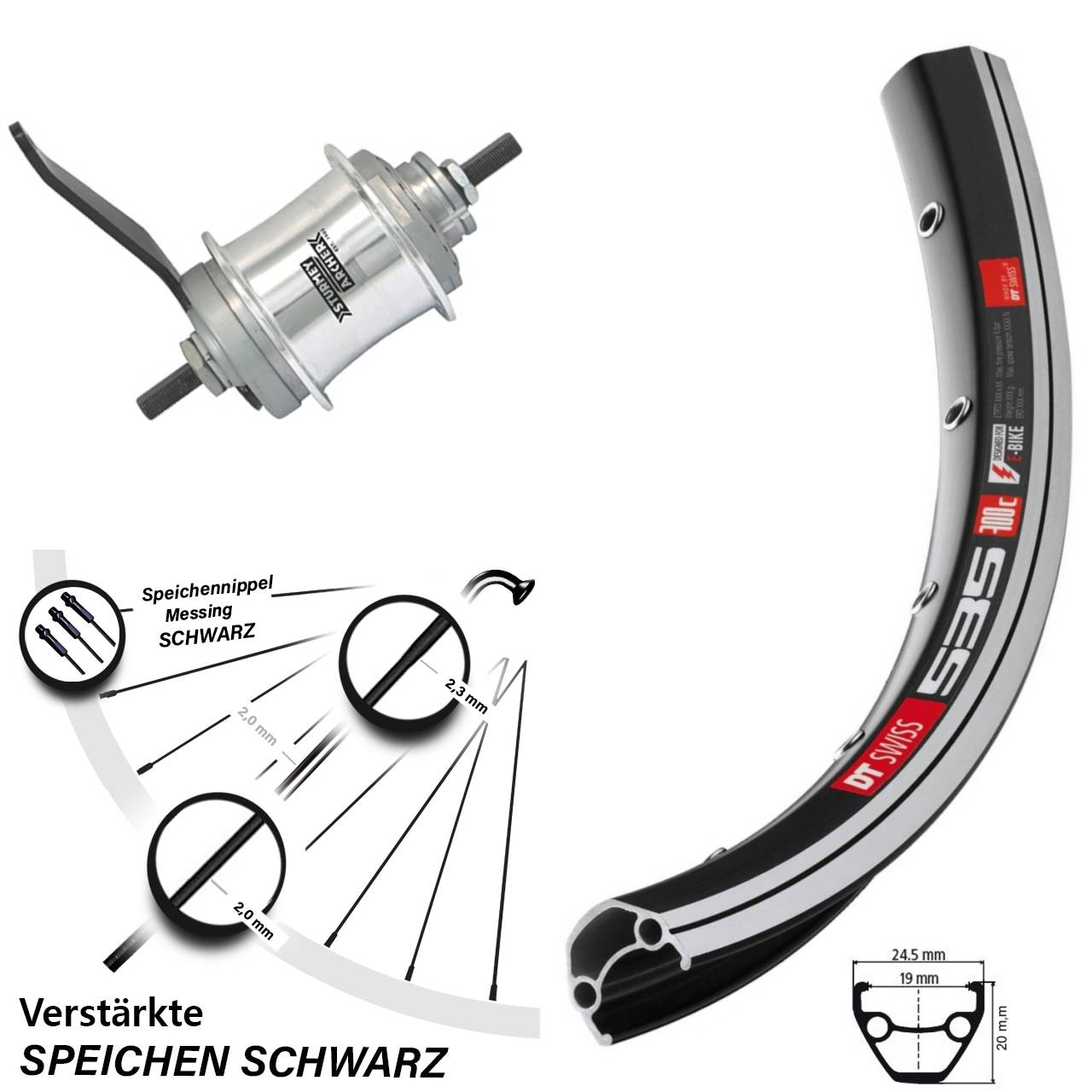 Hinterrad 26 Zoll DT Swiss 535 Sturmey Archer Duomatic 2 Gang Rücktritt Speichen schwarz