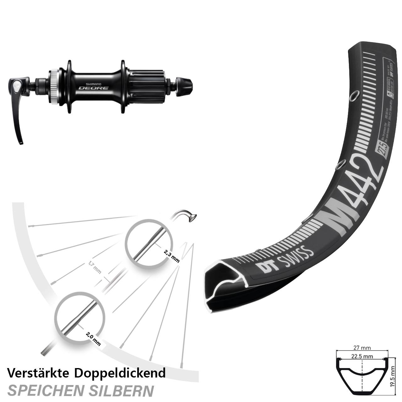 28-29 Zoll DT Swiss M442 Shimano Deore Disc Hinterrad für Schnellspanner 8-11 fach