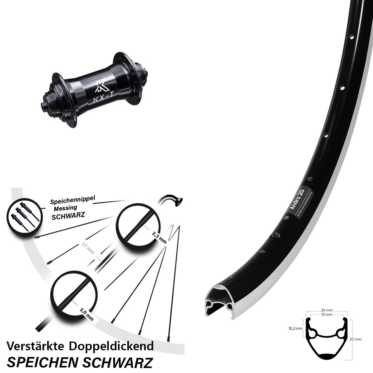 28 Zoll Vorderrad KX-T 4-fach gelagert Ryde Andra 20 Felgenbremse verstärkt