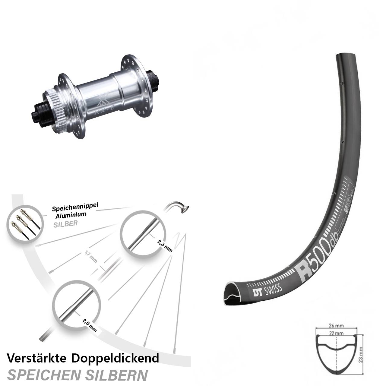 Disc DT Swiss R 500 Vorderrad 28 Zoll verstärkt KX-E silbern-eloxiert 5x100 mm Centerlock