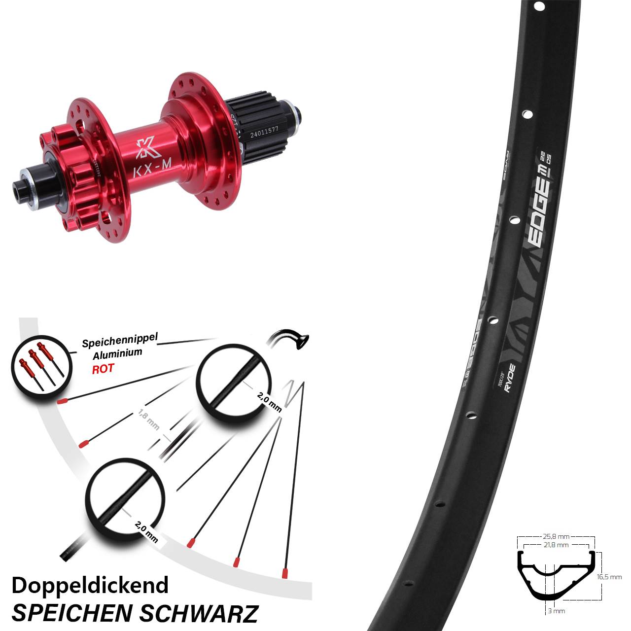 Disc Laufrad 28-29 Zoll Ryde Edge M22 KX-M rot Micro Spline QR