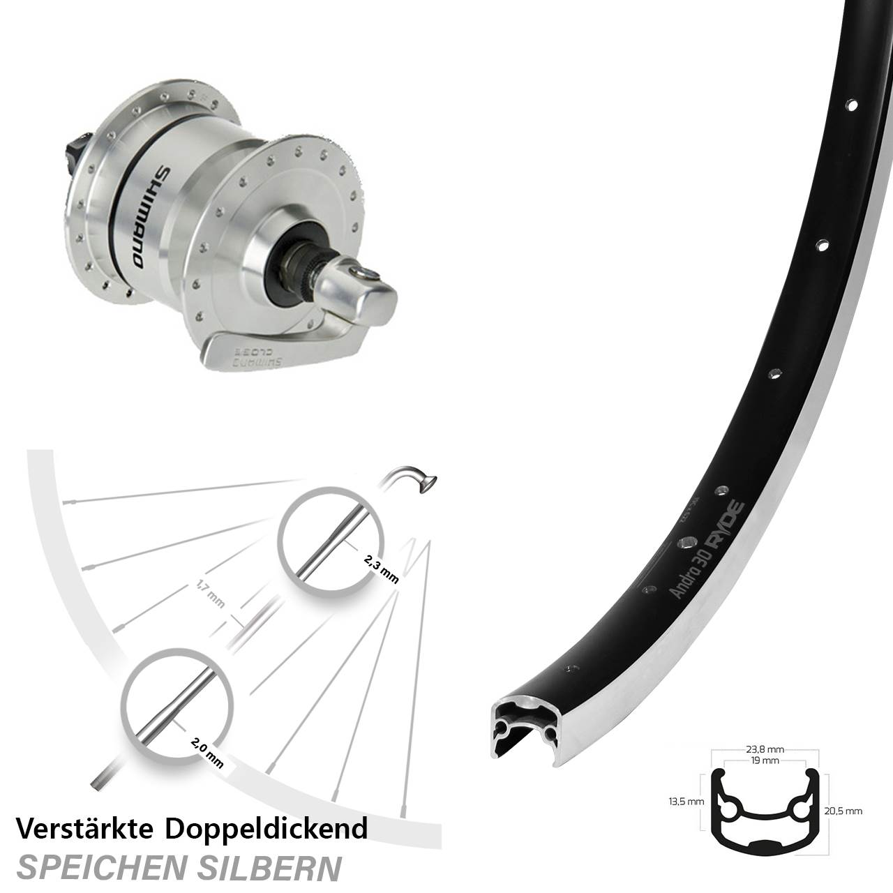 Nabendynamolaufrad für Schnellspanner 28 Zoll Ryde Andra 30 Shimano DH3N72