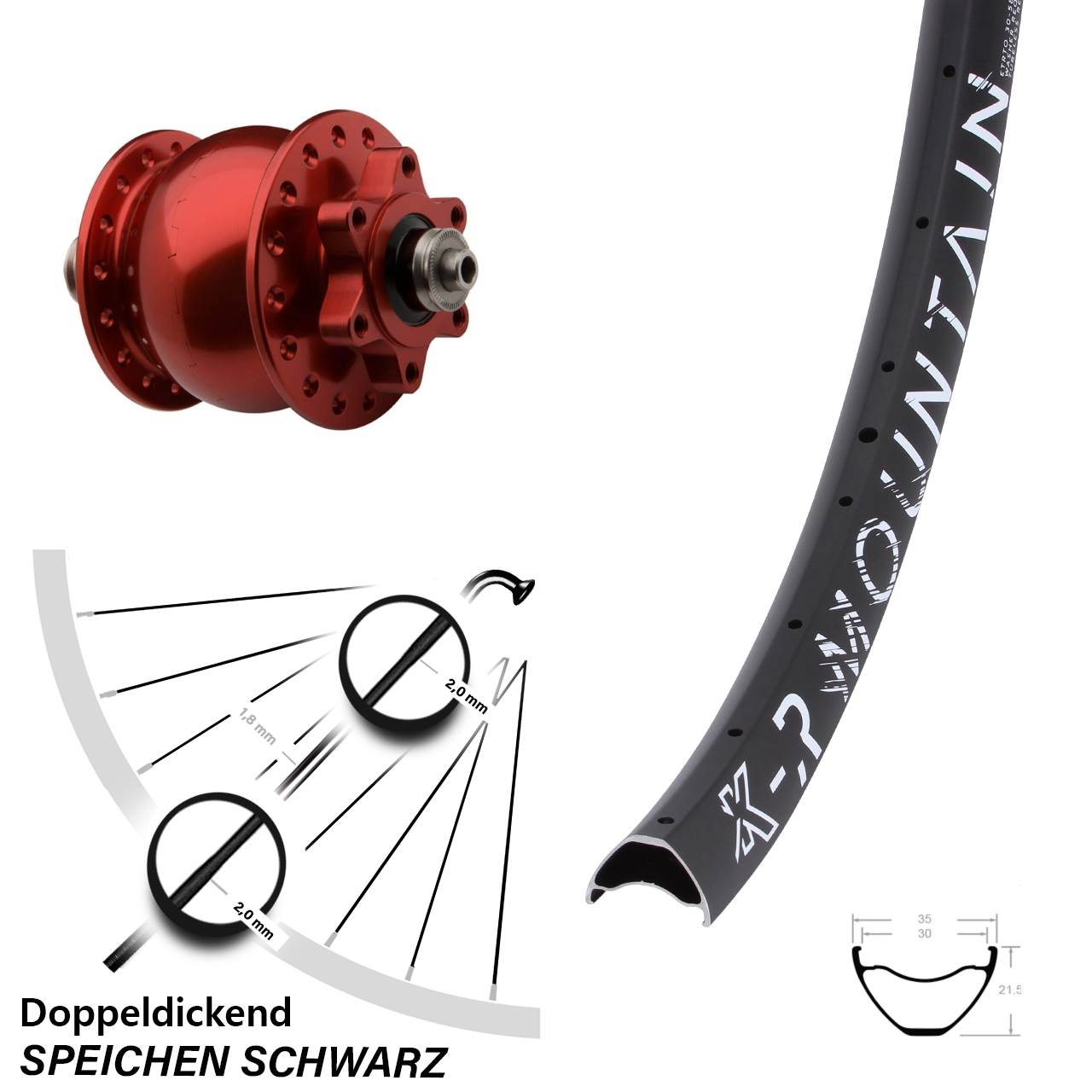 6-Loch Dynamo-Vorderrad 27,5 Zoll KX-R Mountain SON 28 rot für Schnellspanner