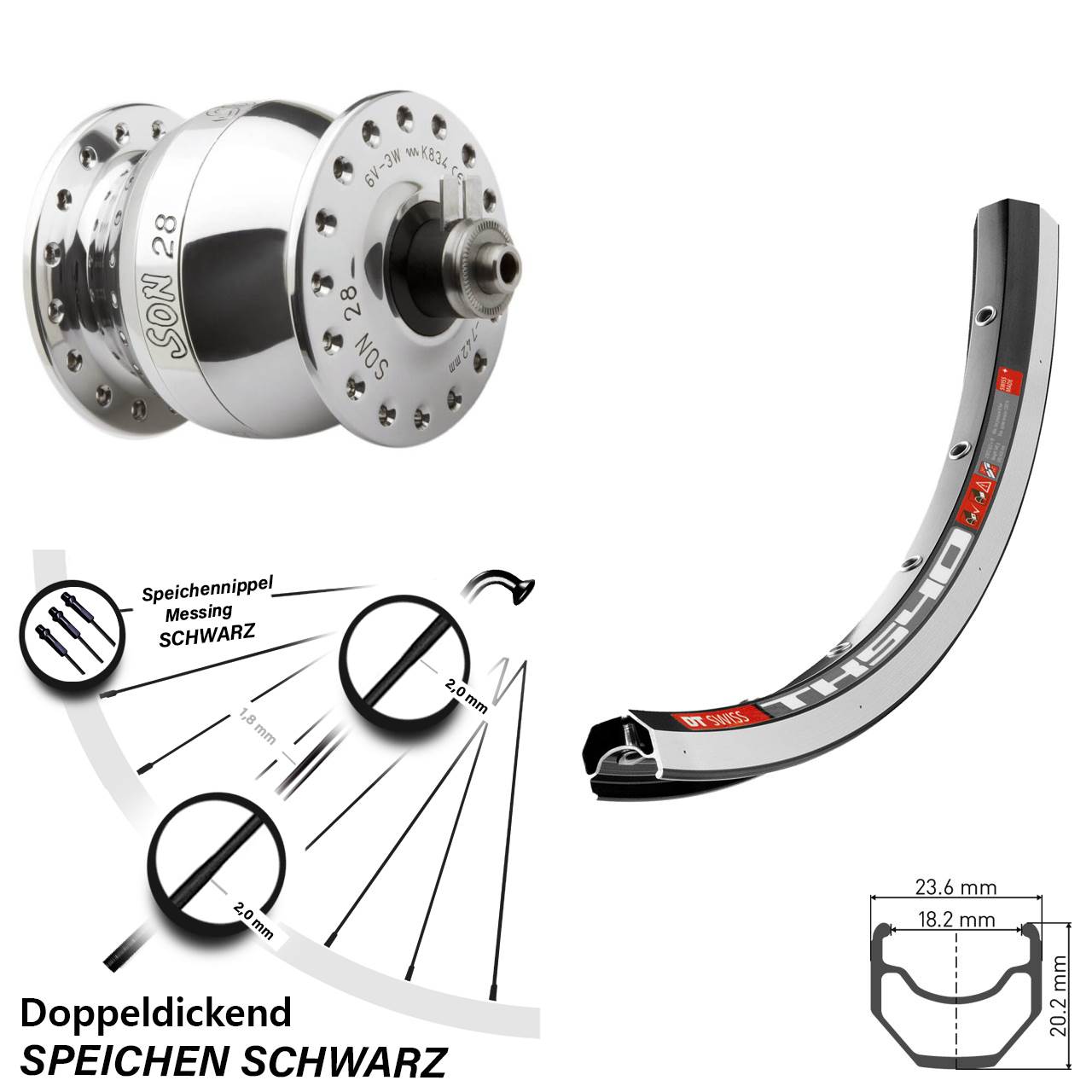 Vorderrad mit Nabendynamo SON 28 Zoll DT Swiss TK540 QR