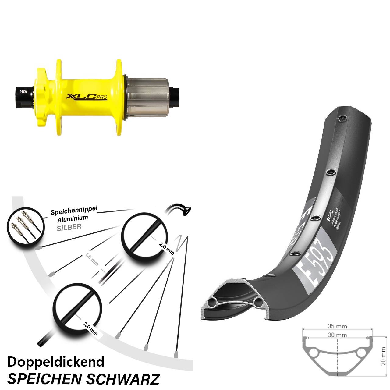 29 Zoll DT Swiss E593 XLC gelb Hinterrad 6-Loch 12x142 8-11 fach